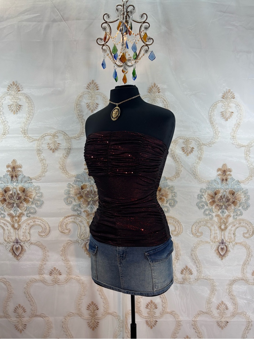 ✨Vintage Y2K Whimsigoth Black & Red Metallic Sequins Strapless Ruched Tank Top✨